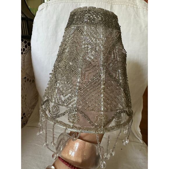 Beaded Lamp Shade Fringed gray small floral mesh 6x6x2.5” Victorian - Picture 5 of 14